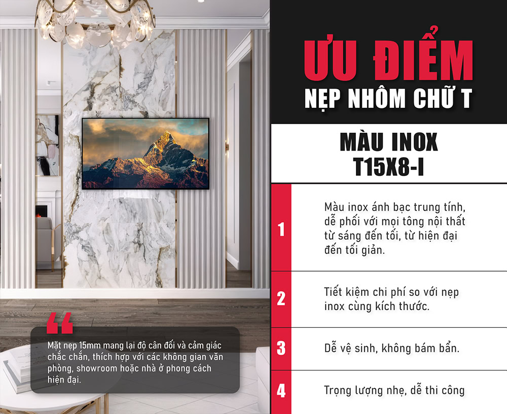 Ưu điểm nẹp nhôm chữ T màu inox T15X8-I 