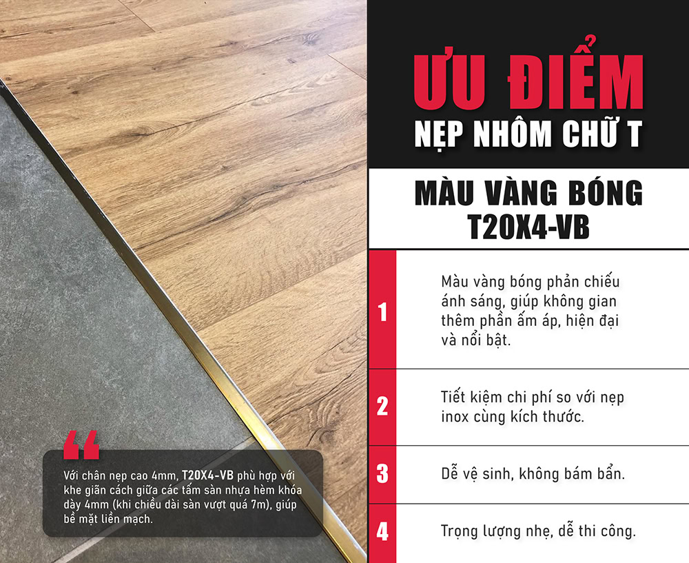 Ưu điểm nẹp nhôm chữ T màu vàng bóng T20X4-VB