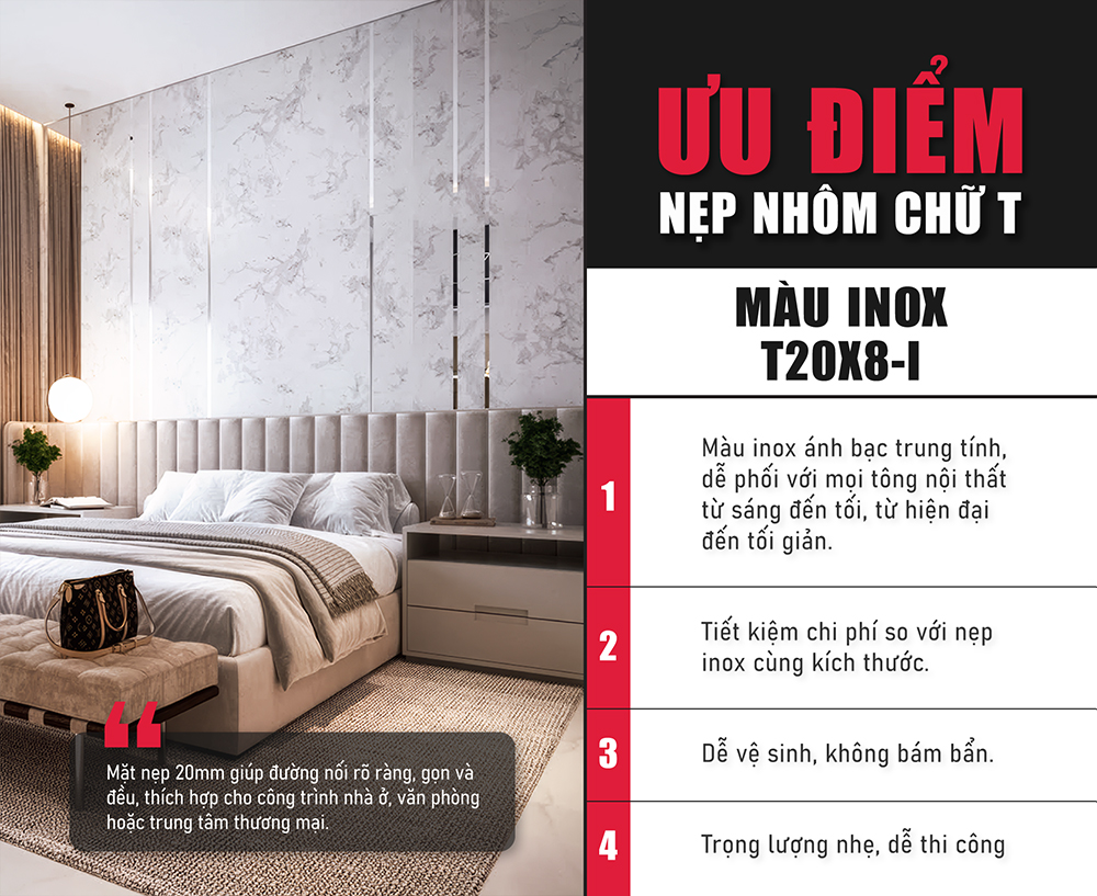 Ưu điểm nẹp nhôm chữ T màu inox T20X8-I 
