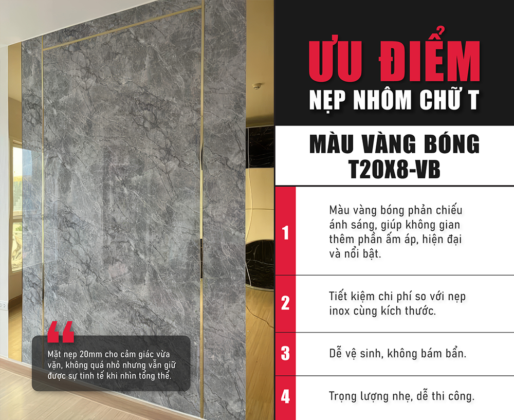 Ưu điểm nẹp nhôm chữ T màu vàng bóng T20X8-VB
