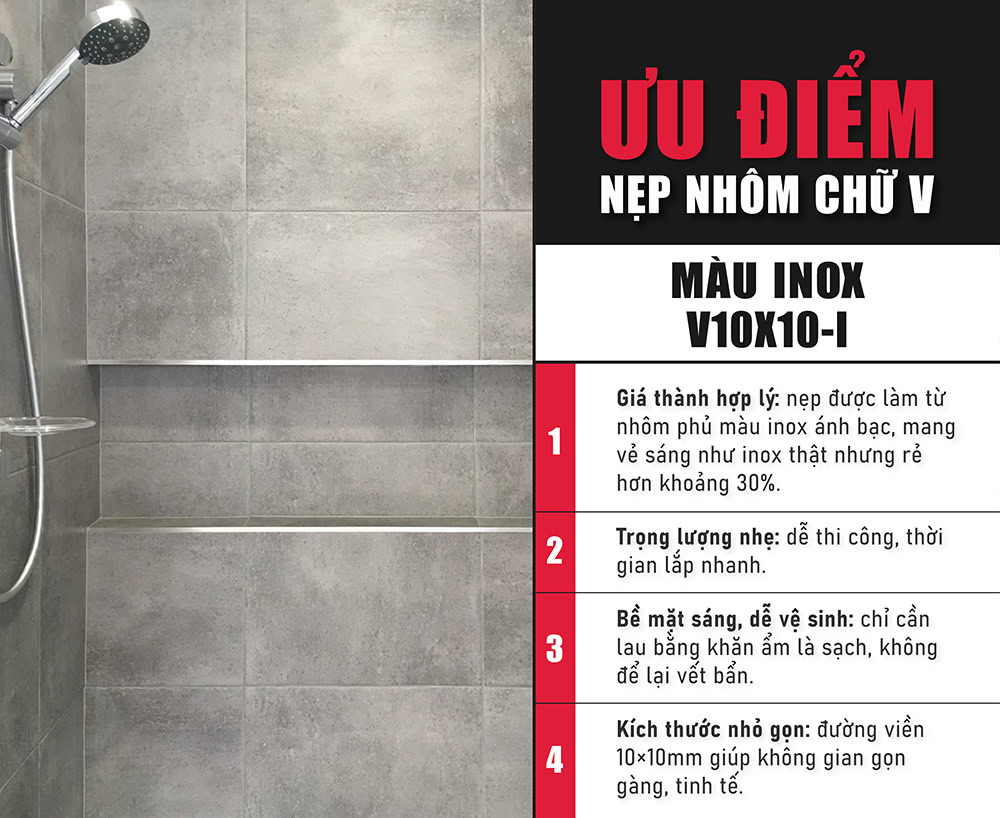 Ưu điểm nẹp nhôm chữ V màu inox V10X10-I Ưu điểm nẹp nhôm chữ V màu inox V10X10-I