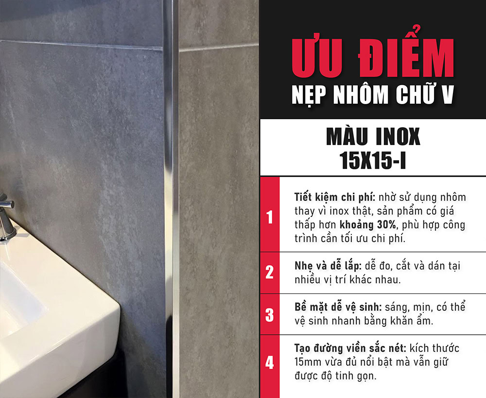 Ưu điểm nẹp nhôm chữ V màu inox V15X15-I