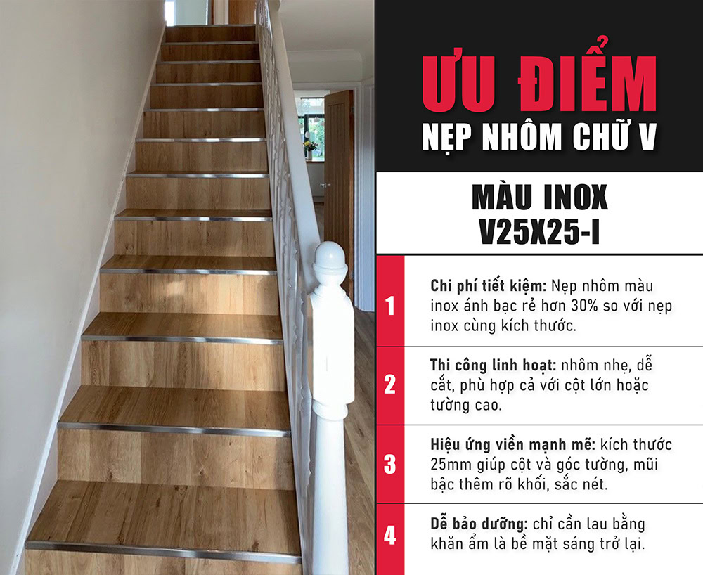 Ưu điểm nẹp nhôm chữ V màu inox V25X25-I