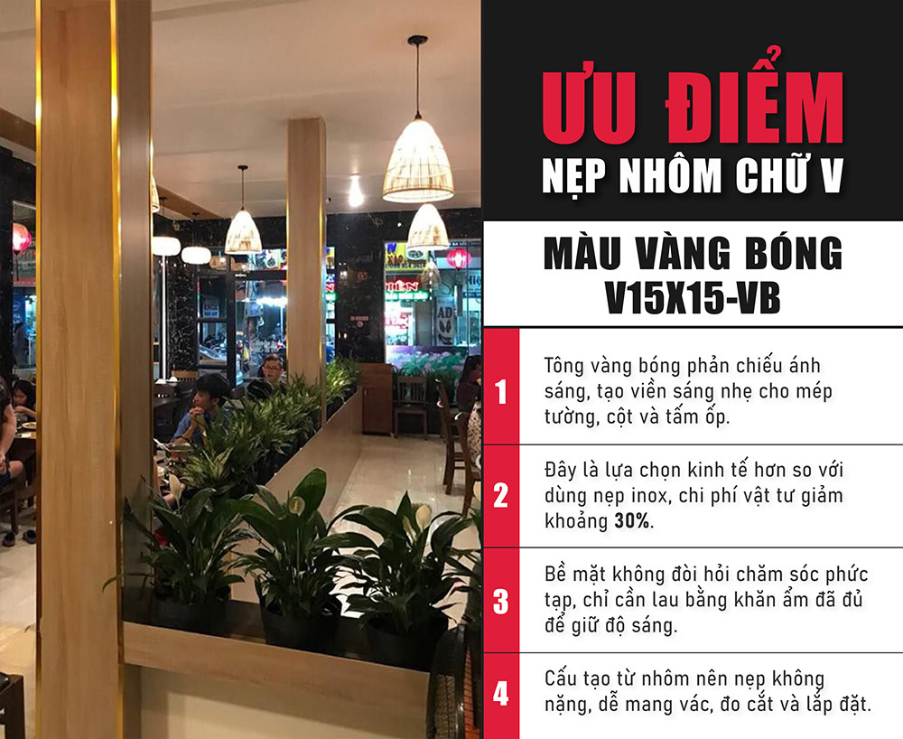Ưu điểm nẹp nhôm chữ V màu vàng bóng V15X15-VB