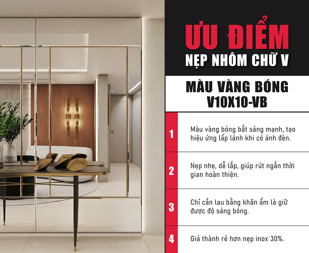Ưu điểm nẹp nhôm chữ V màu vàng bóng V10X10-VB Ưu điểm nẹp nhôm chữ V màu vàng bóng V10X10-VB