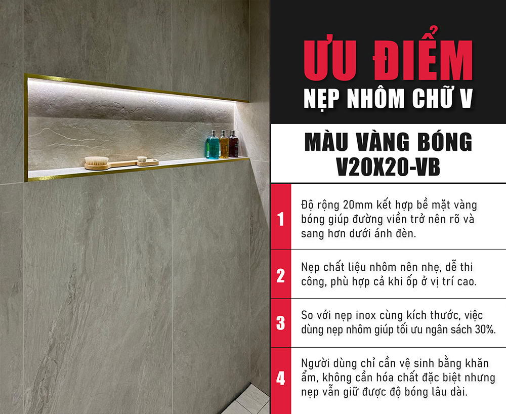 Ưu điểm nẹp nhôm chữ V màu vàng bóng V20X20-VB