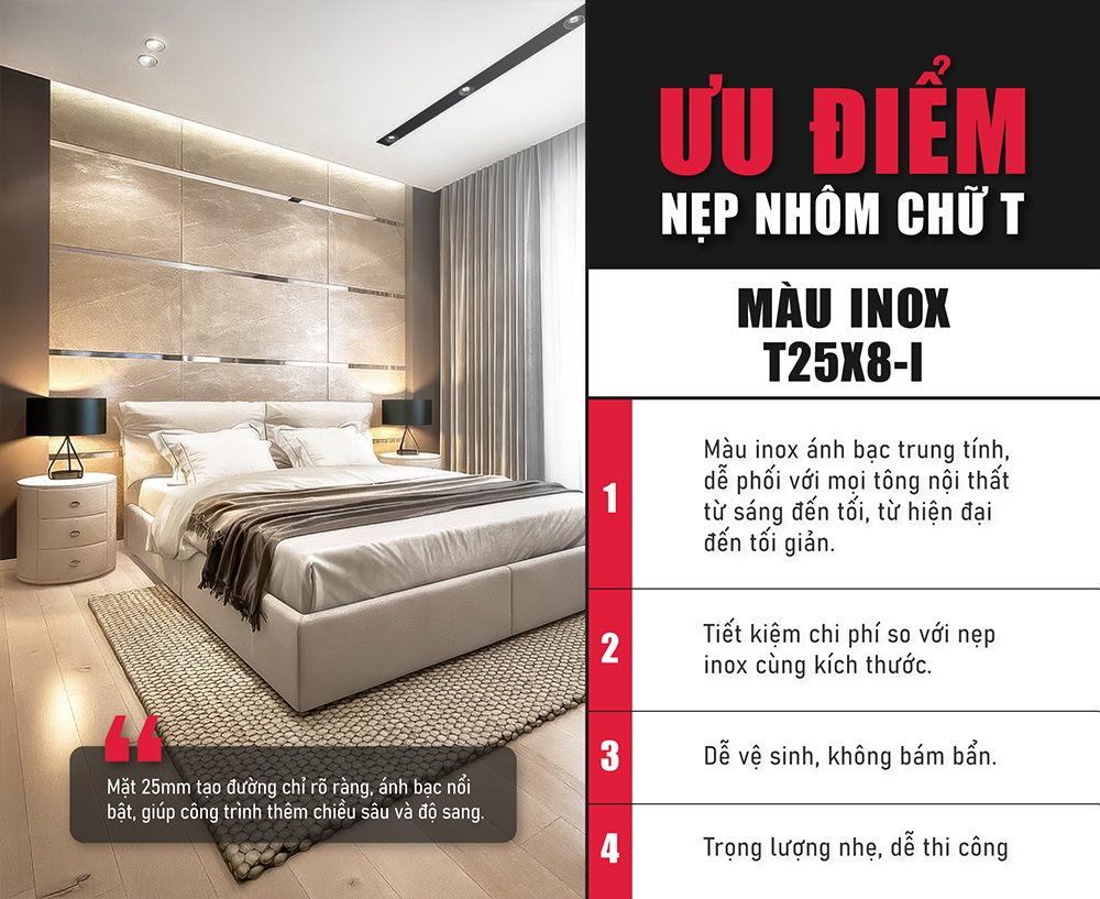 Ưu điểm nẹp nhôm chữ T màu inox T25X8-I Ưu điểm nẹp nhôm chữ T màu inox T25X8-I