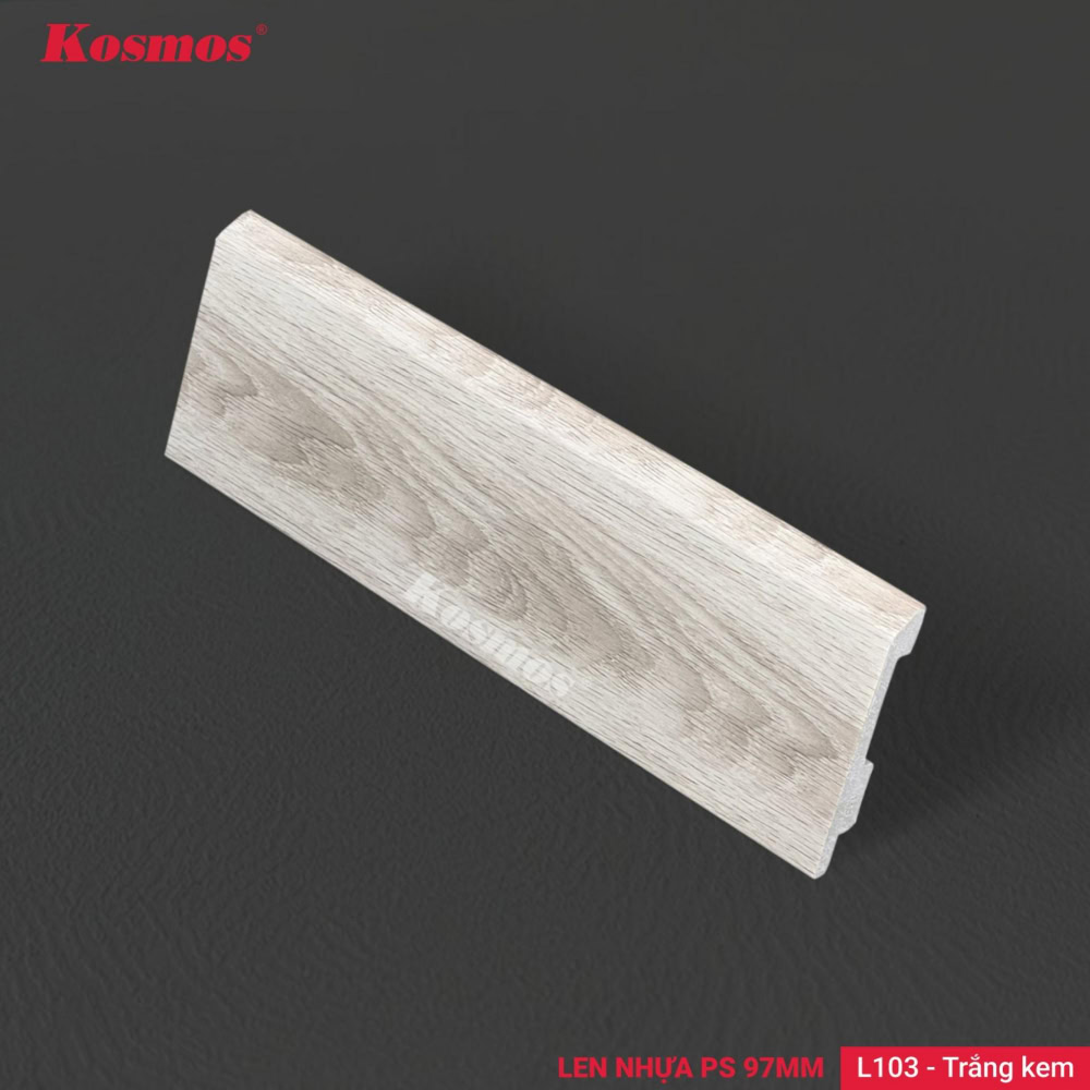 Len chân tường 97mm L103 là len nhựa PS giả vân gỗ trắng kem
