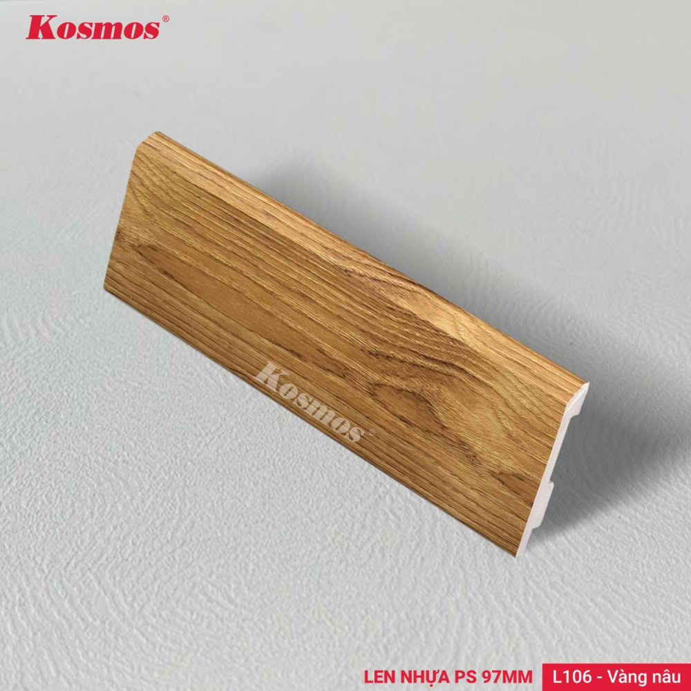 The 97mm L106 skirting board is made of PS plastic with a faux wood grain finish in a yellowish-brown color.