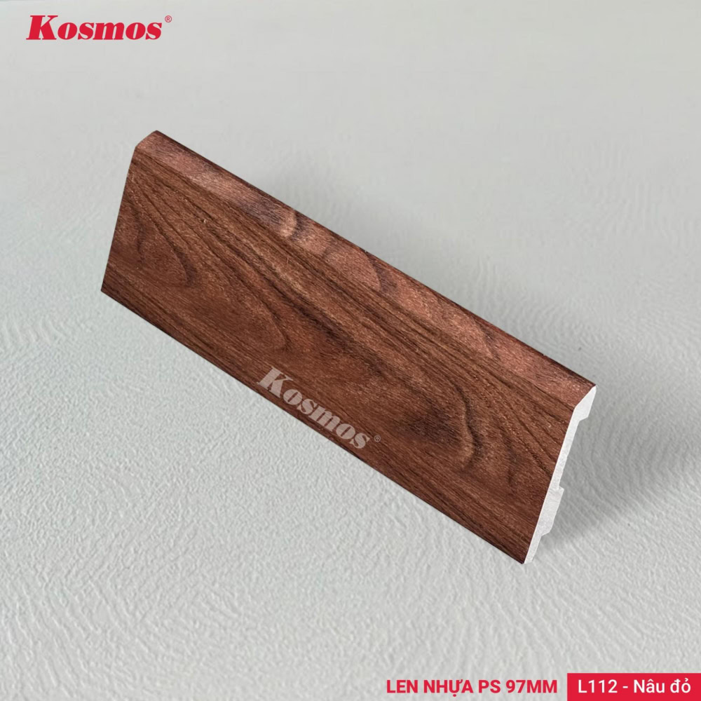 The 97mm L112 skirting board is made of PS plastic with a reddish-brown wood grain finish.
