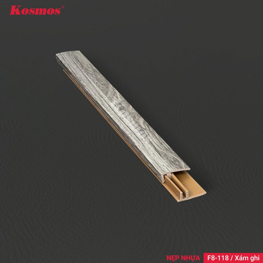 Nẹp F nhựa PVC F8-118 xám ghi là phụ kiện kết thúc sàn gỗ. 