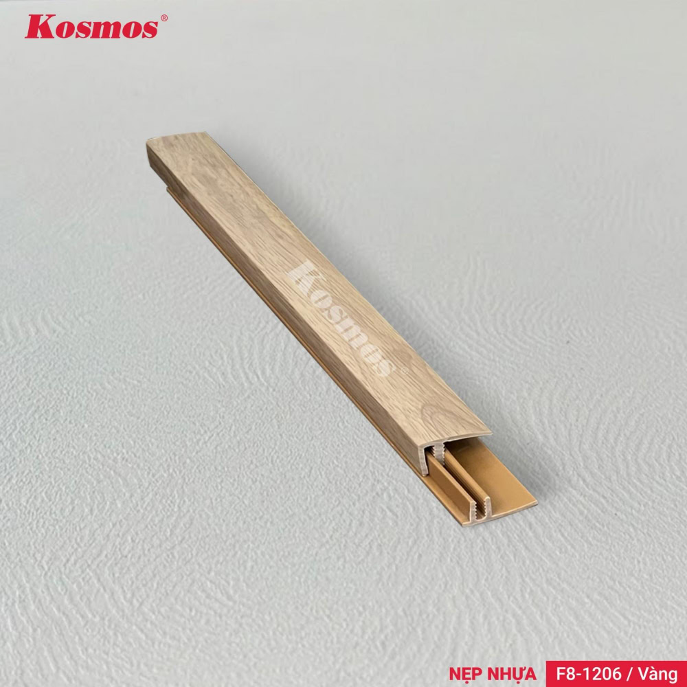 Nẹp F nhựa PVC F8-1206 vàng là phụ kiện kết thúc sàn gỗ.
