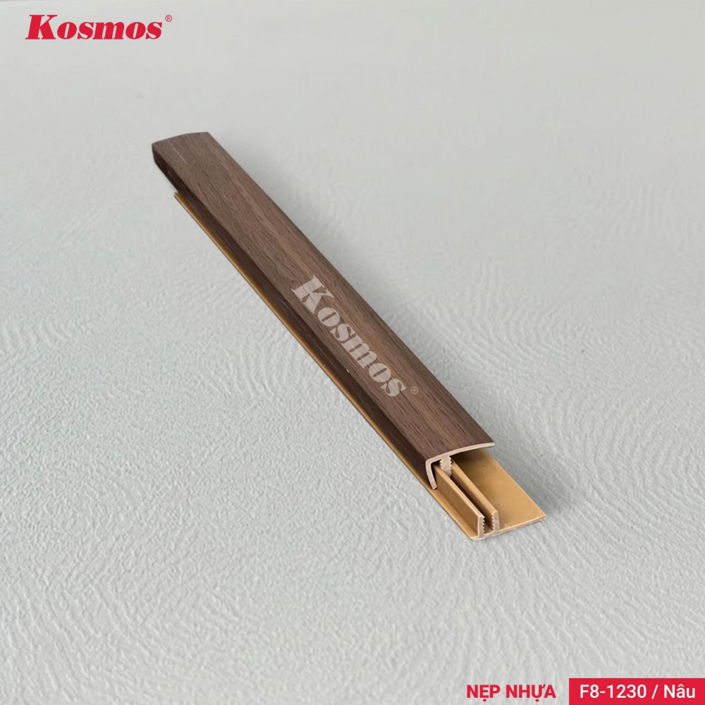 Nẹp F nhựa PVC F8-1230 nâu là phụ kiện kết thúc sàn gỗ.