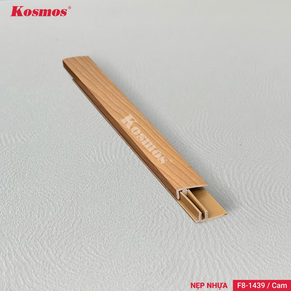 Nẹp F nhựa PVC F8-1439 cam là phụ kiện kết thúc sàn gỗ.