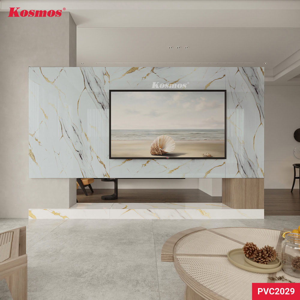 Ứng dụng tấm PVC vân đá Kosmos PVC2029 ốp vách tivi