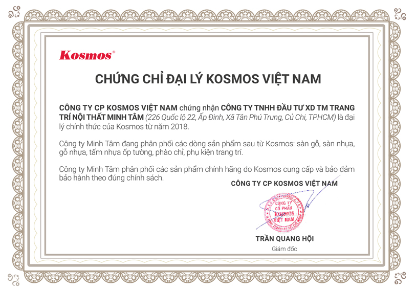 Công ty Minh Tâm là đại lý của tổng kho Kosmos Việt Nam.