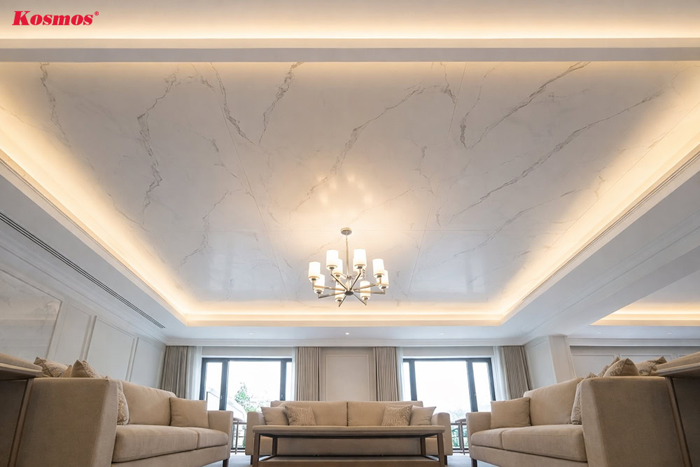 Mẫu trần ốp giả đá Marble trắng sứ vân mây PVC214