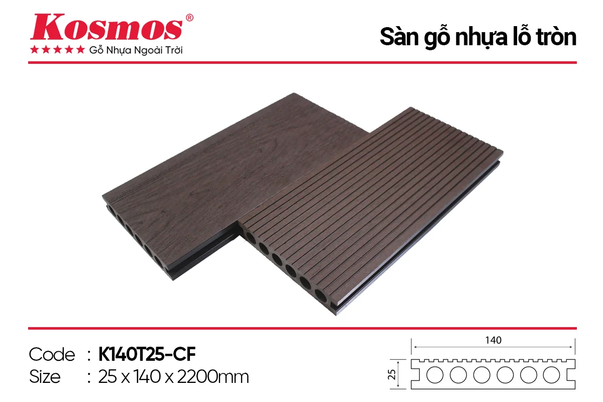 Sàn gỗ nhựa lỗ tròn Kosmos, vân 3D, màu Coffee.