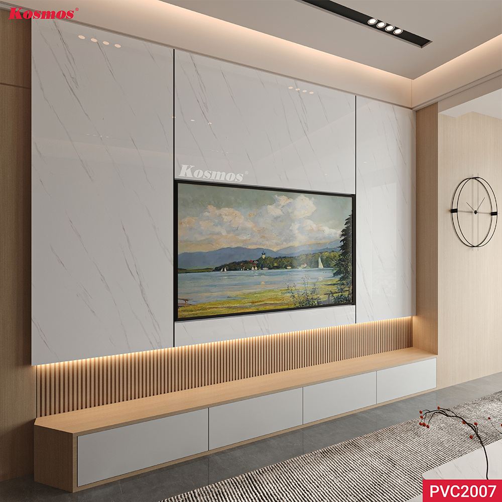 Tấm nhựa giả đá cẩm thạch trắng vân chớp Kosmos PVC2007 ốp tường vách tivi. Tấm nhựa giả đá cẩm thạch trắng vân chớp Kosmos PVC2007 ốp tường vách tivi.