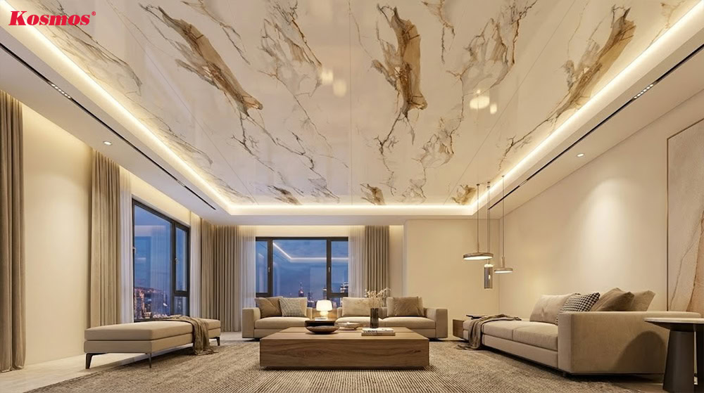 Trần nhà đẹp ốp PVC vân đá Marble trắng vân mây PVC330