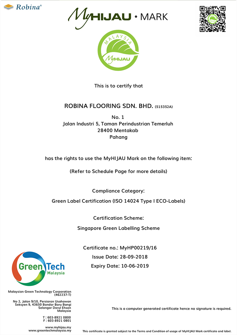 Giấy chứng nhận MyHijau Mark chứng nhận sàn gỗ công nghiệp Robina tuân thủ tiêu chuẩn môi trường tại Malaysia