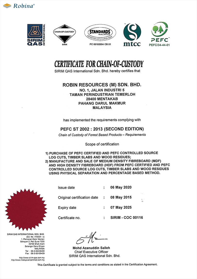 Giấy chứng nhận quy trình sản xuất gỗ đạt tiêu chuẩn SIRIM QAS International – đơn vị xác định tiêu chuẩn chất lượng hàng đầu Malaysia.