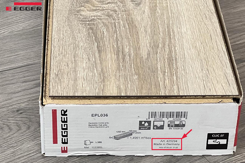 Thông tin nguồn gốc Made in Germany của sàn gỗ Egger được in trên vỏ hộp