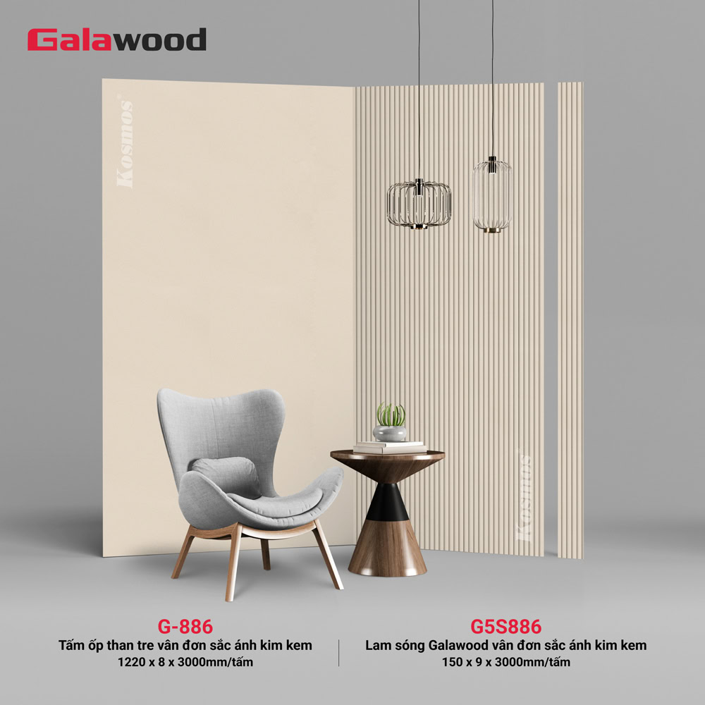 Galawood G5S886 wave panel with monochromatic bamboo charcoal grain, cream metallic color G-886
