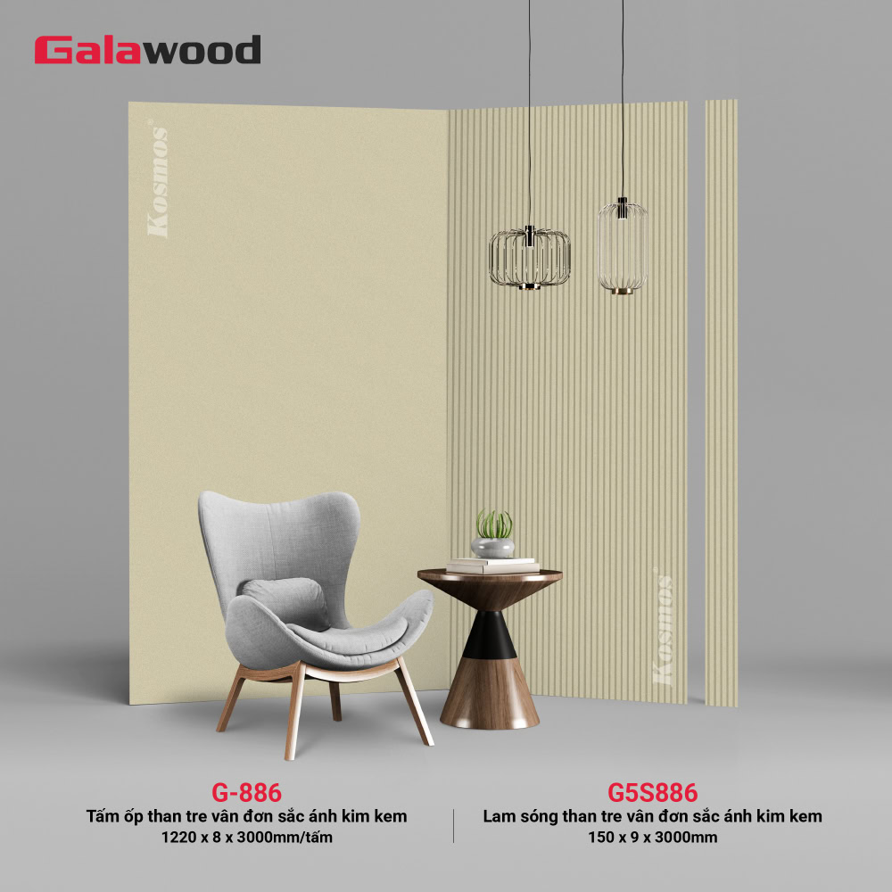 Bộ đồng màu tấm ốp than tre Galawood đơn sắc kem ánh kim (G-886 & G5S886) Bộ đồng màu tấm ốp than tre Galawood đơn sắc kem ánh kim (G-886 & G5S886)