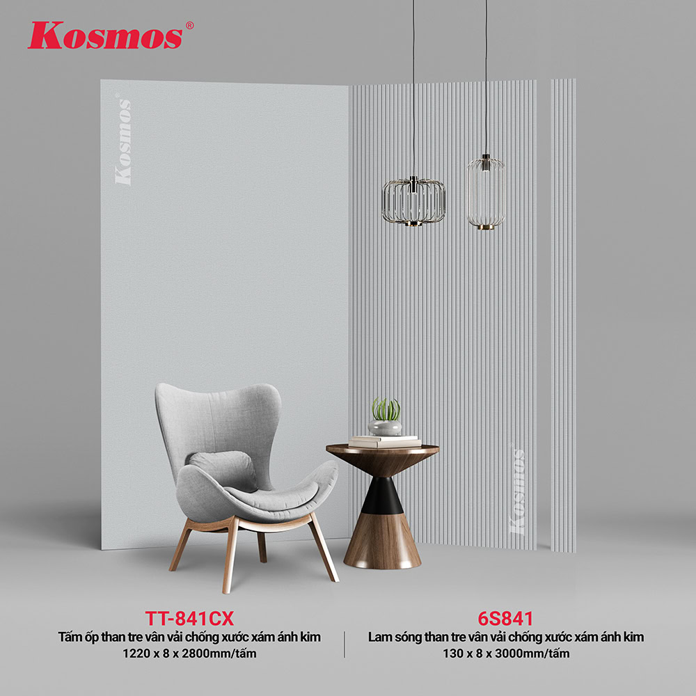 Bộ đồng màu tấm ốp than tre Kosmos vân vải xám ánh kim (6S841 & TT-841CX) Bộ đồng màu tấm ốp than tre Kosmos vân vải xám ánh kim (6S841 & TT-841CX)