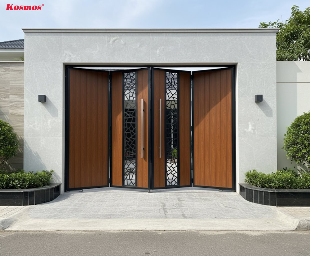 Cổng gỗ nhựa composite kết hợp khung sắt nghệ thuật