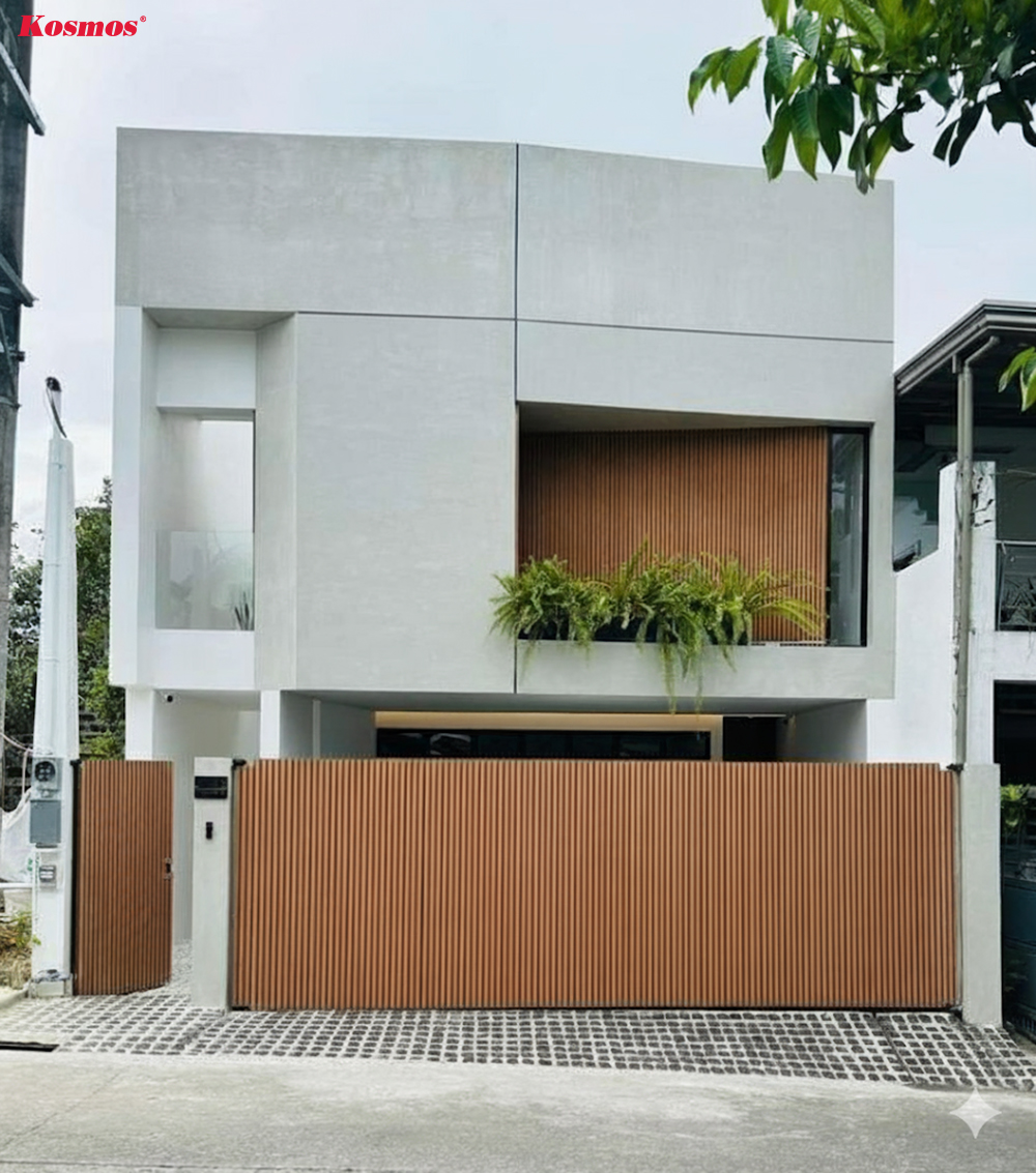 Mẫu cổng gỗ nhựa 1 cánh đẹp, bền bằng tấm ốp lam sóng