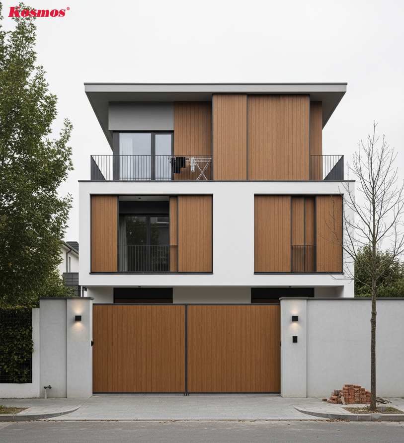 Mẫu cổng gỗ nhựa 2 cánh sang trọng