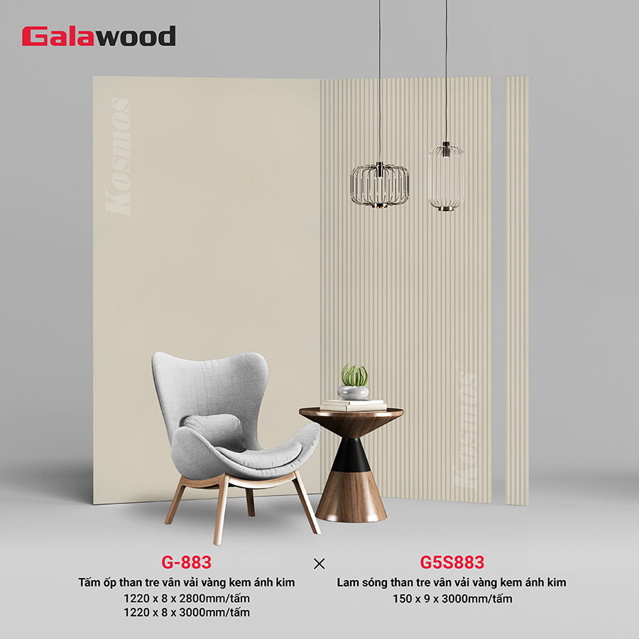 Lam sóng Galawood G5S883 đồng màu tấm ốp than tre vân vải vàng kem ánh kim G-883