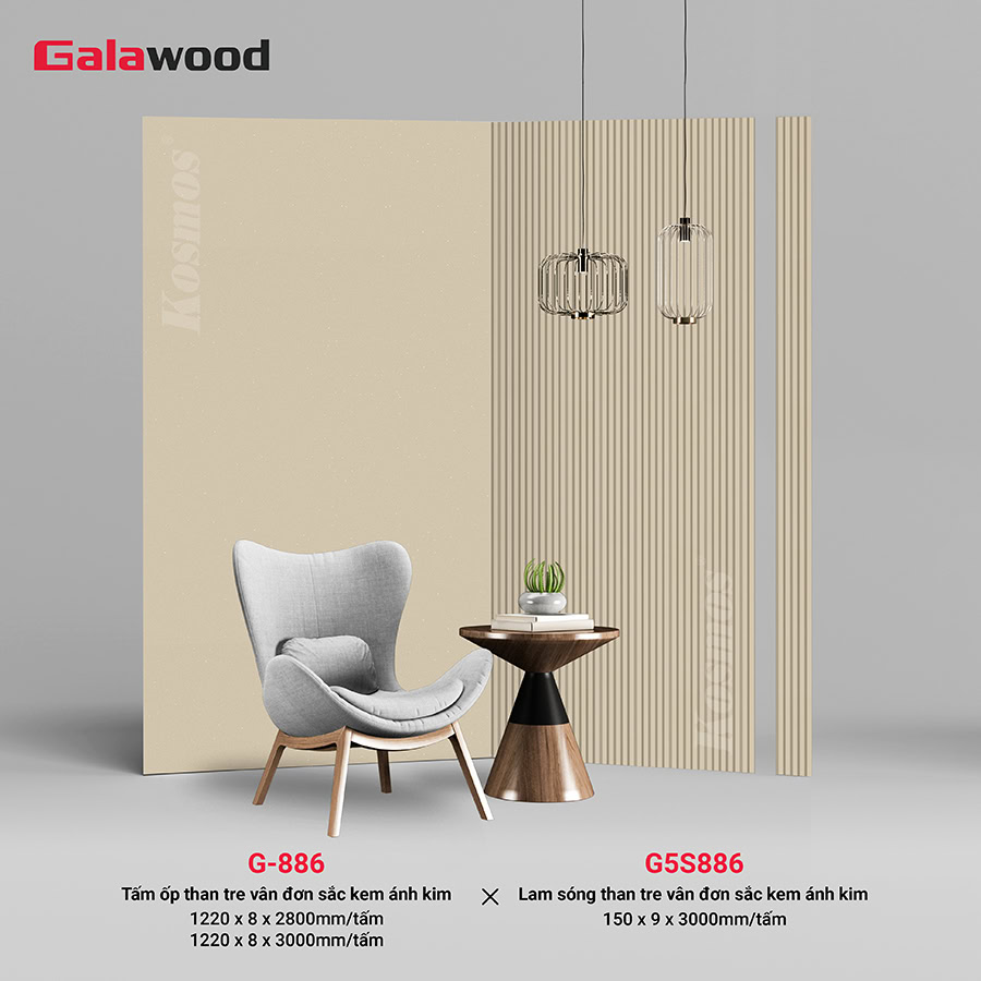 Lam sóng Galawood G5S886 đồng màu tấm ốp than tre vân đơn sắc ánh kim kem G-886