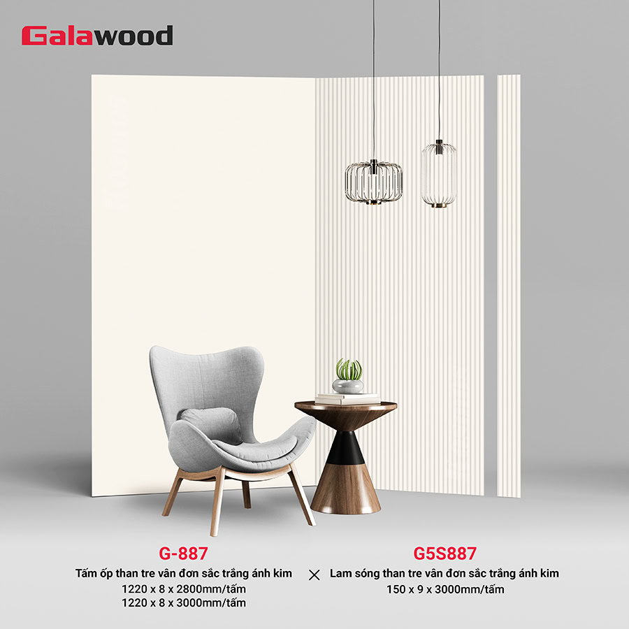 Lam sóng Galawood G5S887 đồng màu tấm ốp than tre vân đơn sắc ánh kim trắng G-887 Lam sóng Galawood G5S887 đồng màu tấm ốp than tre vân đơn sắc ánh kim trắng G-887