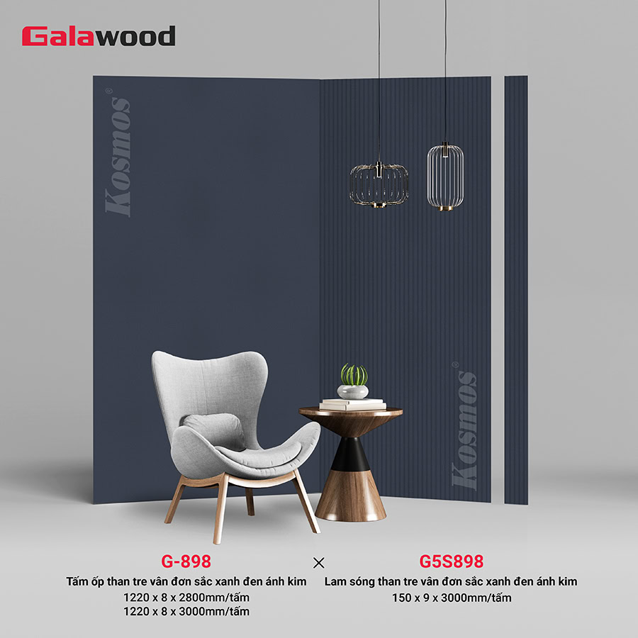Lam sóng Galawood G5S898 đồng màu tấm ốp than tre vân đơn sắc ánh kim xanh đen G-898