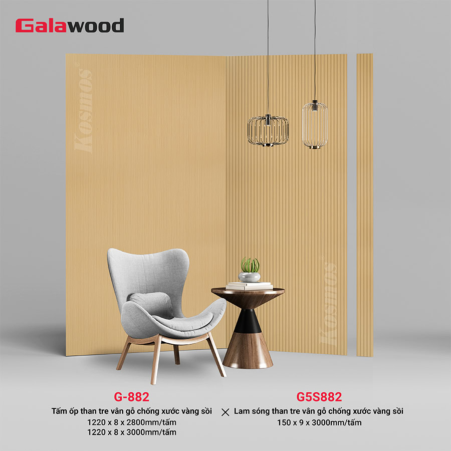 Lam sóng Galawood G5S882 đồng màu tấm ốp than tre vân gỗ vàng sồi G-882