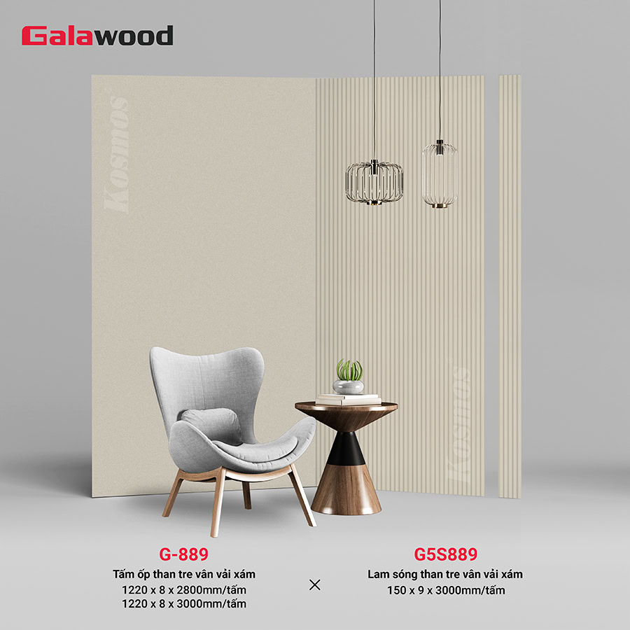 Lam sóng Galawood G5S889 đồng màu tấm ốp than tre vân vải vàng xám G-889