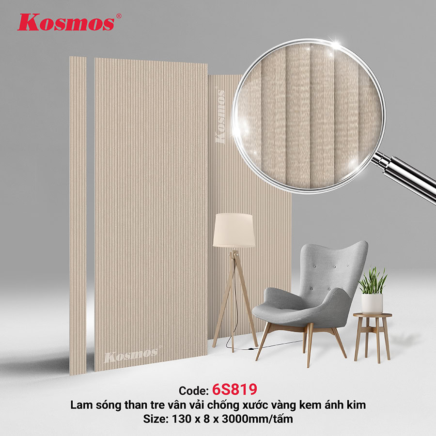 Tấm lam sóng than tre ốp tường vân vải vàng kem ánh kim chống xước 6S819