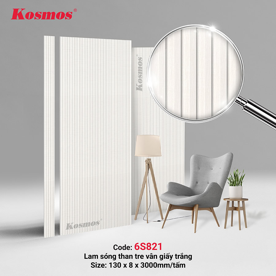 Tấm ốp lam sóng than tre vân giấy trắng 6S821