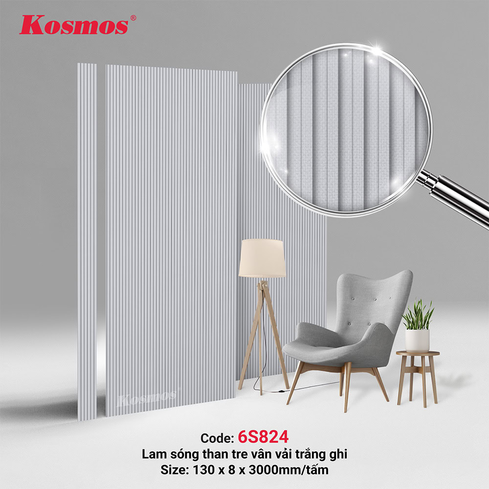 Tấm ốp lam sóng sợi than tre vân vải trắng ghi 6S824 Tấm ốp lam sóng sợi than tre vân vải trắng ghi 6S824