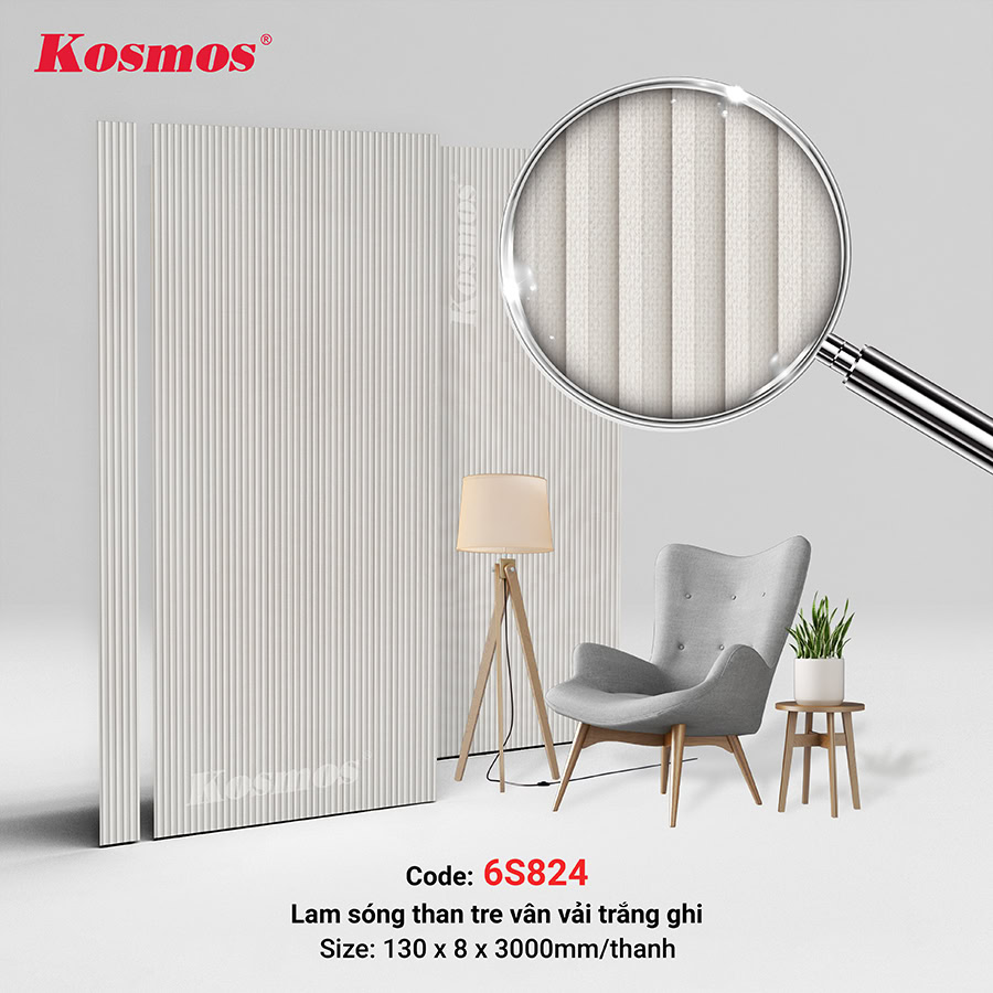 Tấm ốp lam sóng sợi than tre vân vải trắng ghi 6S824