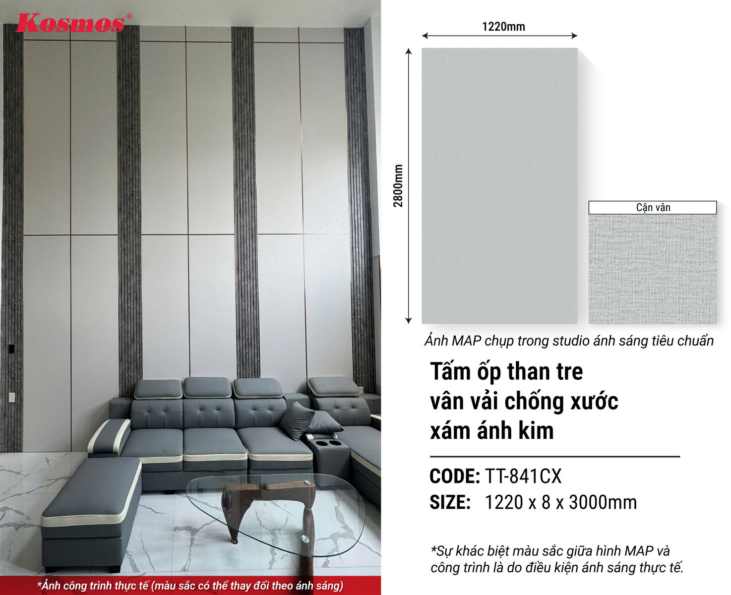 Hình ứng dụng tấm ốp than tre TT-851 Vân vải canvas vàng kem ánh kim Hình ứng dụng tấm ốp than tre TT-851 Vân vải canvas vàng kem ánh kim