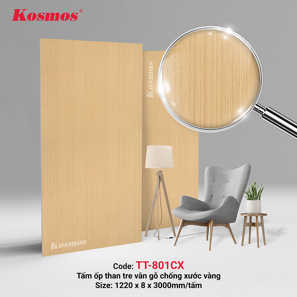 Tấm ốp tường than tre vân gỗ chống xước màu vàng TT801-CX Tấm ốp tường than tre vân gỗ chống xước màu vàng TT801-CX
