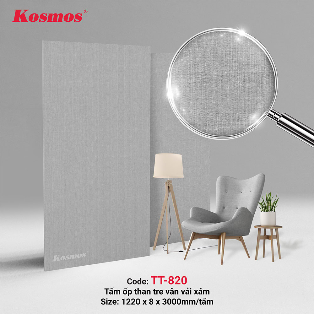 Tấm ốp than tre Kosmos vân vải xám TT-820 Tấm ốp than tre Kosmos vân vải xám TT-820