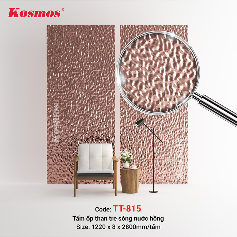 Tấm ốp than tre Kosmos vân sóng nước TT-815 phủ PET màu hồng trà Tấm ốp than tre Kosmos vân sóng nước TT-815 phủ PET màu hồng trà