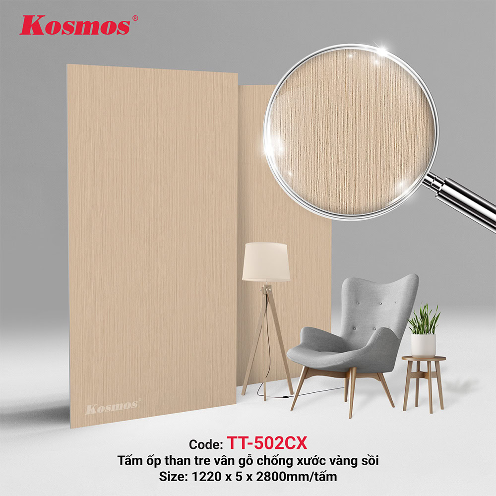 Tấm ốp tường/ốp trần sợi than tre vân gỗ vàng sồi TT502-CX chống xước Tấm ốp tường/ốp trần sợi than tre vân gỗ vàng sồi TT502-CX chống xước