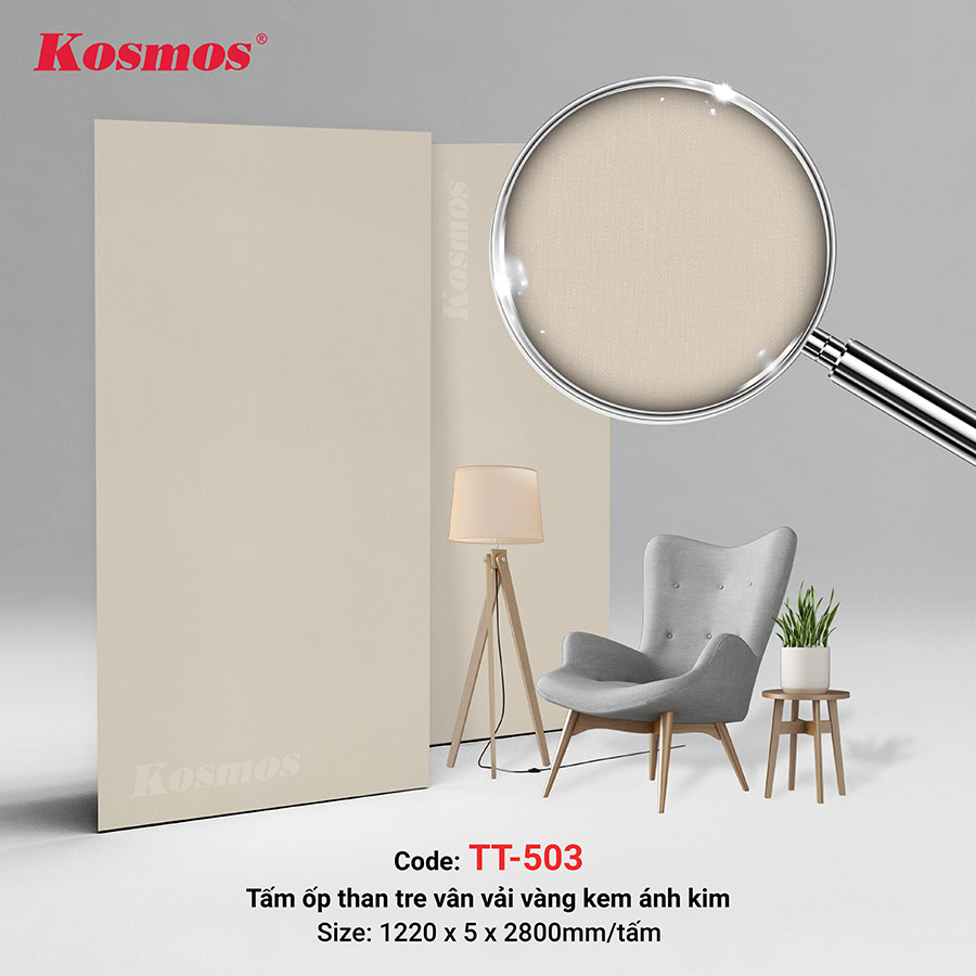 Tấm ốp sợi than tre vân vải vàng kem ánh kim Kosmos TT-503