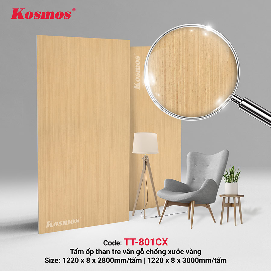 Tấm ốp tường than tre vân gỗ chống xước màu vàng TT801-CX Tấm ốp tường than tre vân gỗ chống xước màu vàng TT801-CX